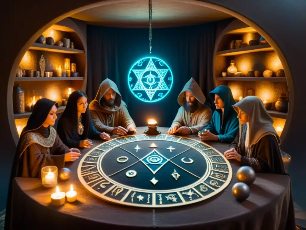 Una misteriosa reunión de figuras encapuchadas alrededor de una mesa circular con símbolos antiguos y cartas de tarot, iluminados por velas en una cámara tenue