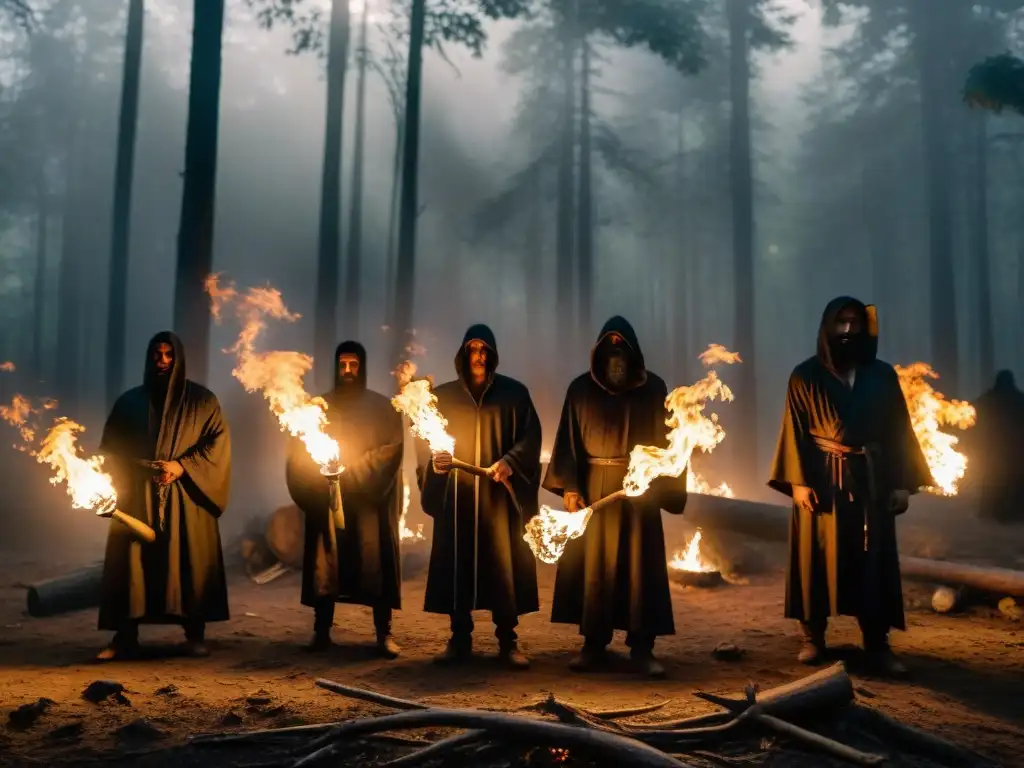 Misteriosa reunión de figuras encapuchadas en un bosque neblinoso, iluminadas por antorchas