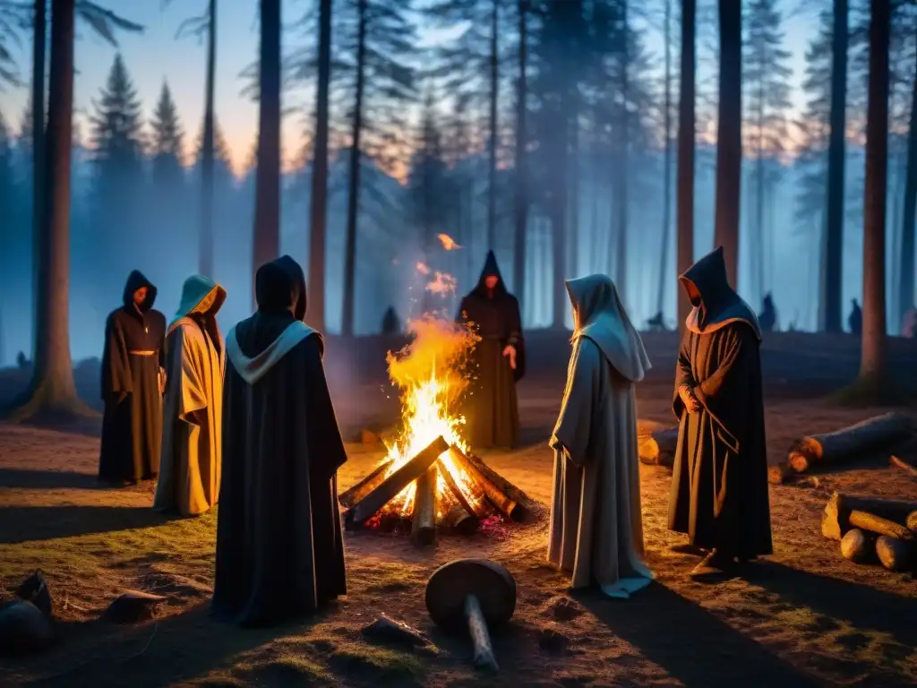 Misteriosa reunión de figuras encapuchadas alrededor de una fogata en un claro del bosque, iluminados por la luz de la luna