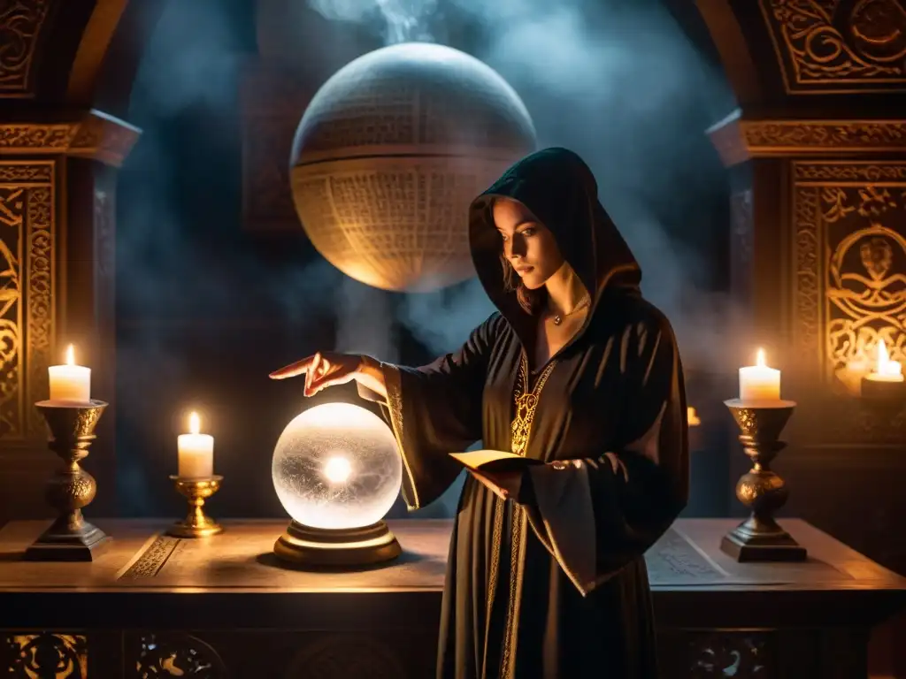 Misteriosa reunión de figuras encapuchadas en cámara ritual con símbolos, velas, libro antiguo y bola de cristal brillante