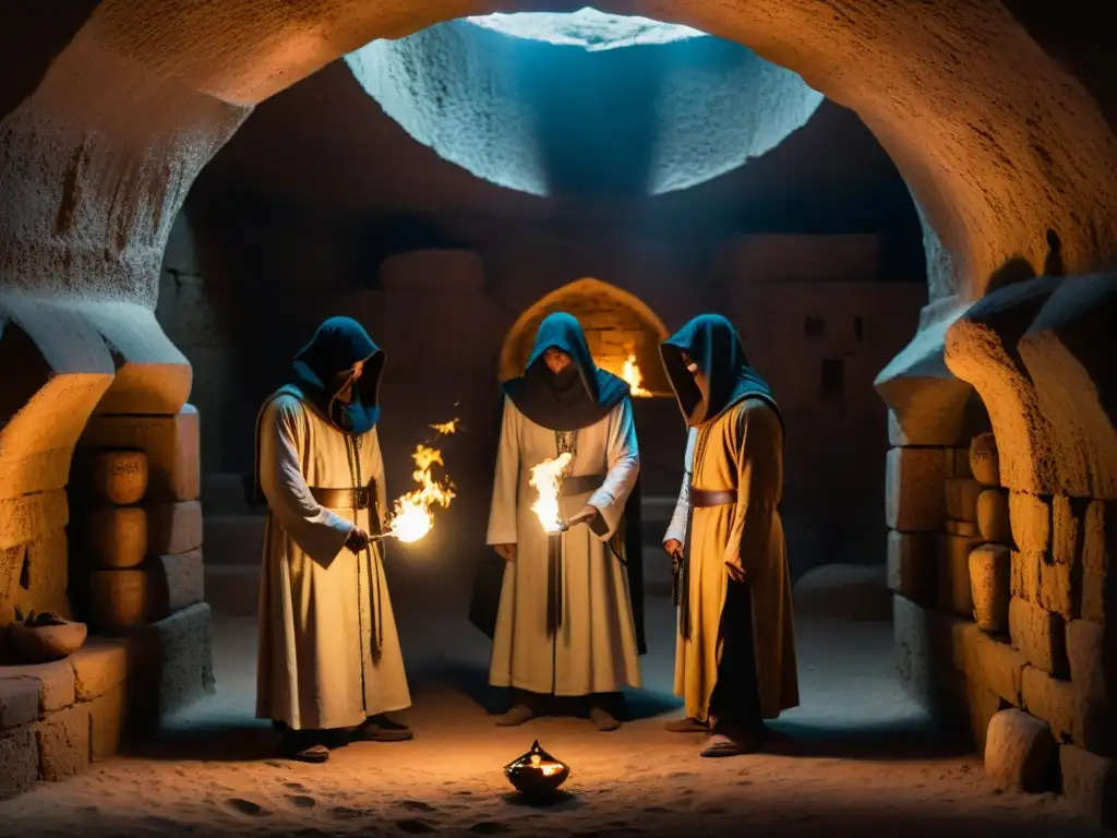 Misteriosa reunión de figuras en túnicas tradicionales del Medio Oriente en cámara subterránea iluminada por antorchas