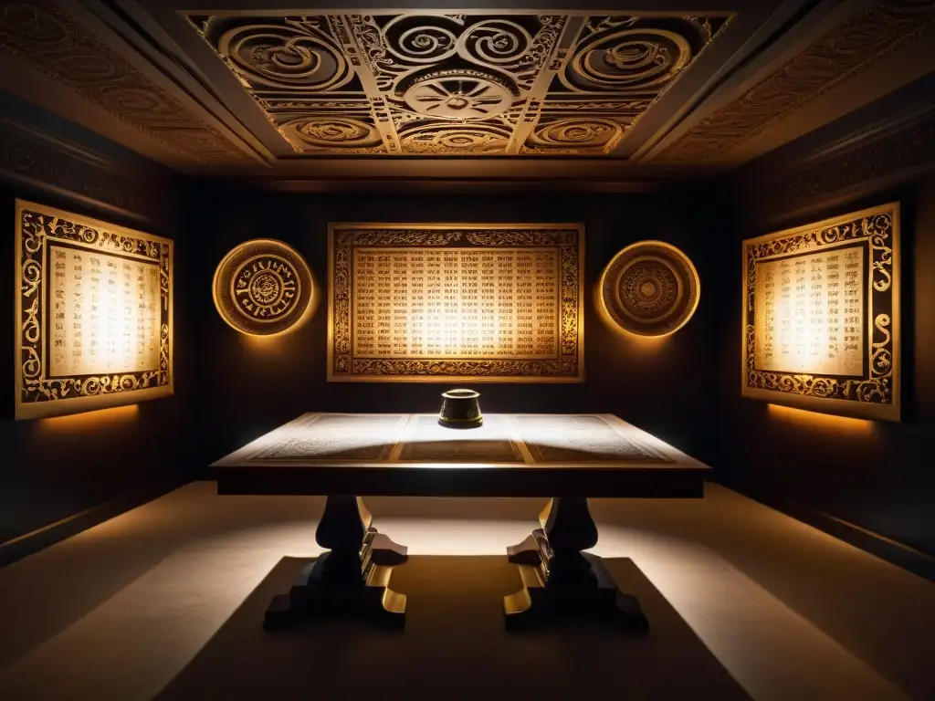 Salón misterioso con mesa antigua y tecnología diversa Una misteriosa reunión en una habitación iluminada débilmente, con una mesa ornada y objetos antiguos y tecnológicos