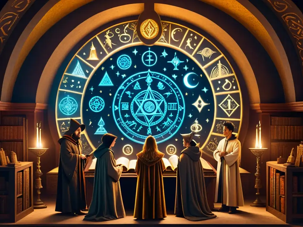 Conspiración esotérica en biblioteca antigua Misteriosa reunión de individuos en túnicas alrededor de un manuscrito iluminado en una cámara oscura llena de símbolos esotéricos
