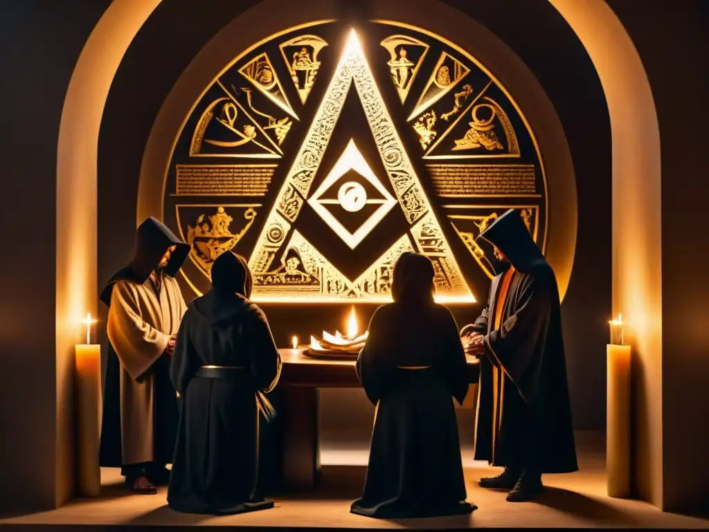 En una misteriosa reunión de miembros fundadores Illuminati, figuras en túnicas oscuras rodean un símbolo iluminado por velas en una cámara tenue