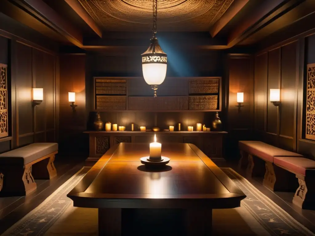 Salón secreto: mesa de madera con manuscritos antiguos y figuras en sombras Una misteriosa reunión en una sala decorada con símbolos antiguos y manuscritos, donde sociedades secretas conspiran, influenciando el mundo moderno