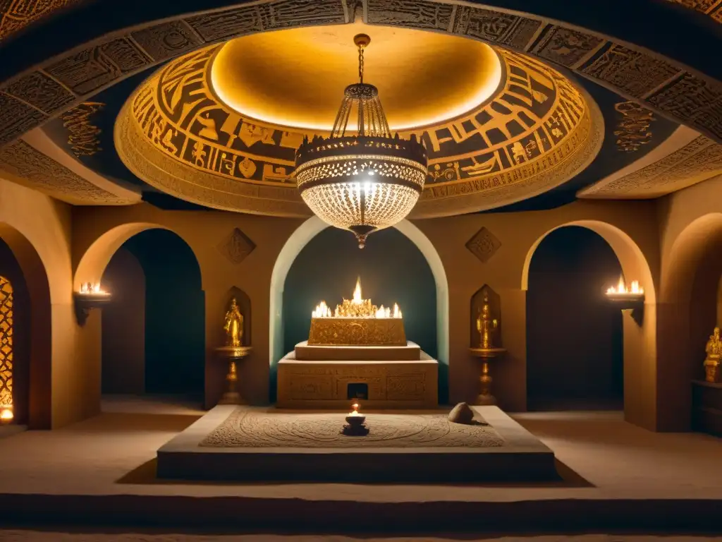 Salón subterráneo de misterios y rituales en penumbra Una misteriosa reunión de sociedades secretas en una cámara subterránea, rodeada de símbolos y artefactos místicos