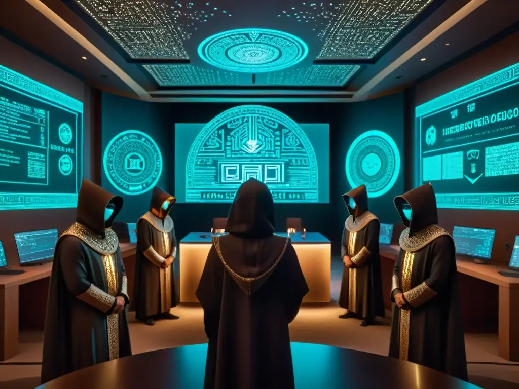 Reunión clandestina en sala misteriosa con máscaras y hologramas Misteriosa reunión de sociedades secretas en realidad aumentada, con figuras enmascaradas y símbolos antiguos