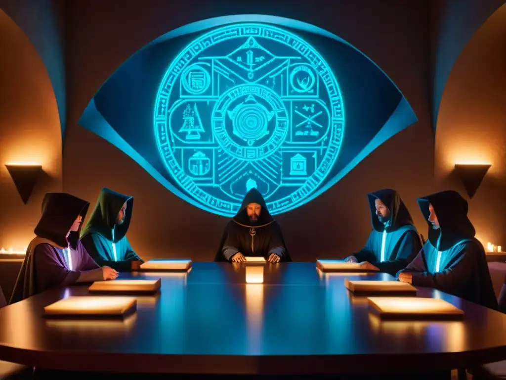 Misteriosa reunión en una sala clandestina, con figuras encapuchadas alrededor de una mesa antigua iluminada por velas