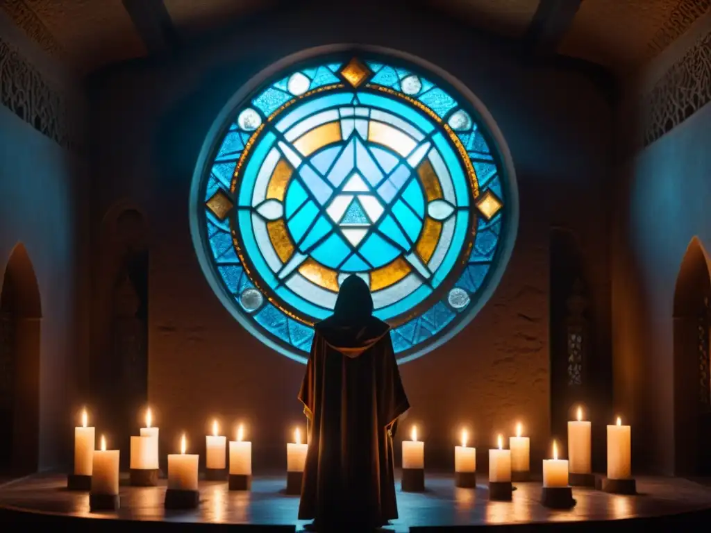 Misteriosa sala con figuras encapuchadas realizando un ritual alrededor de un cristal brillante