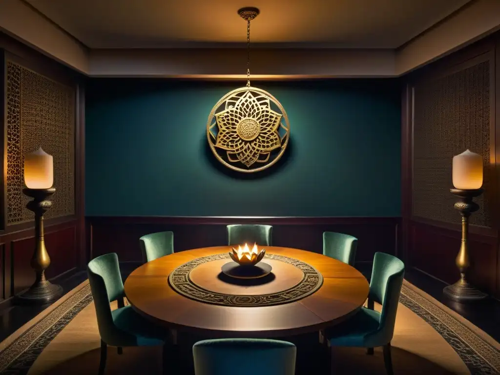 Una misteriosa sala iluminada tenuemente, llena de artefactos y símbolos de antiguas sociedades secretas asiáticas reveladas