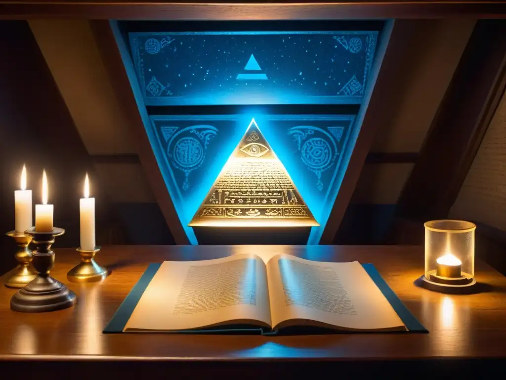 En una misteriosa sala de reuniones iluminada por velas, revelándose secretos de los Illuminati