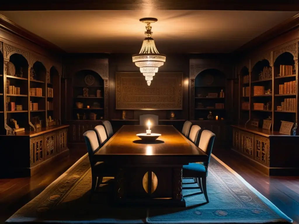 Misteriosa sala de reuniones de una sociedad secreta, con muebles ornamentados y símbolos antiguos