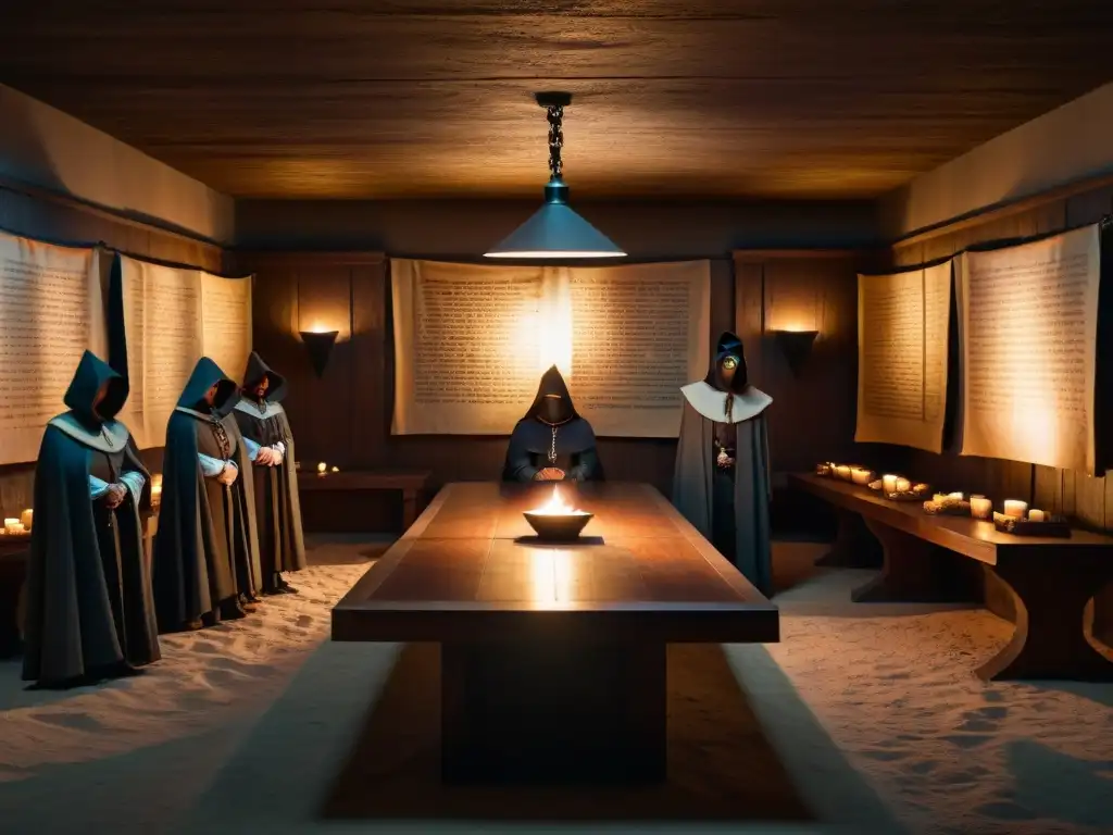 Misteriosa reunión en sala subterránea con figuras en capuchas y máscaras alrededor de mesa llena de artefactos antiguos