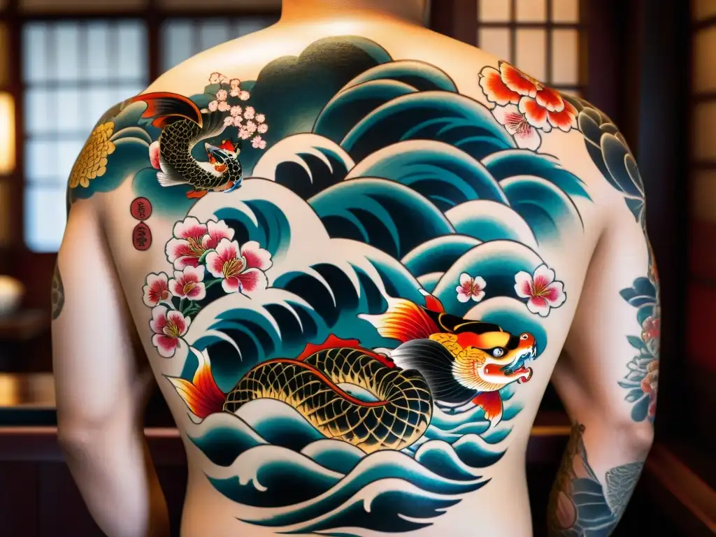 La misteriosa simbología Yakuza cobra vida en un tatuaje intrincado de dragones, koi, y sakuras