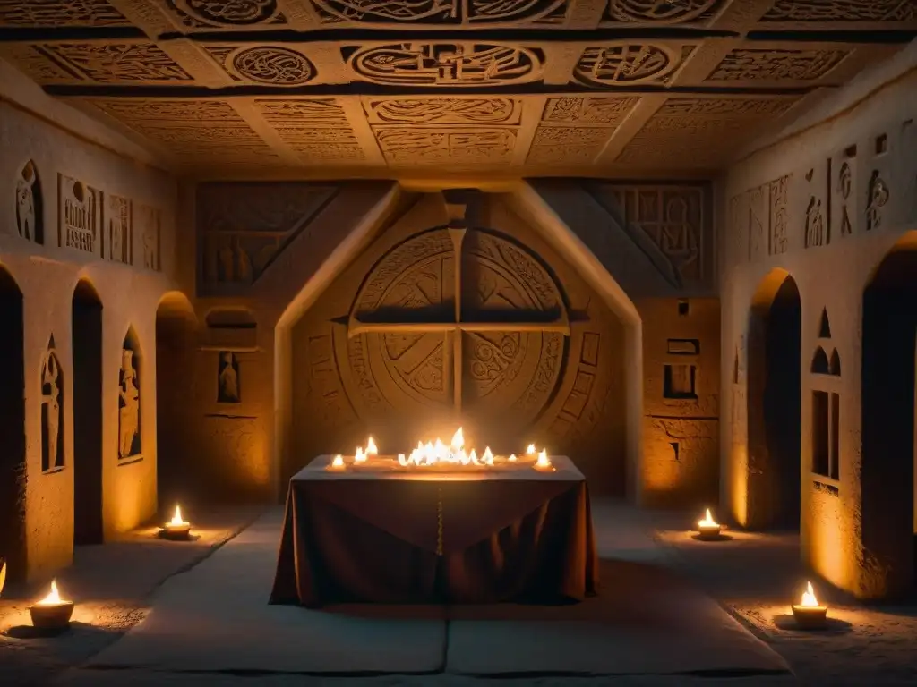 Cámara subterránea misteriosa con símbolos tallados, figuras encapuchadas alrededor de un altar de piedra, cuchillo reluciente