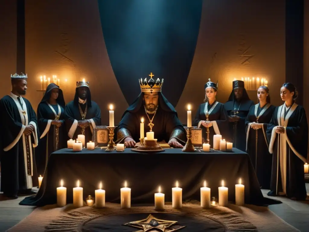 Misteriosa sociedad secreta de Aleister Crowley realizando rituales alrededor de una mesa ceremonial iluminada por velas