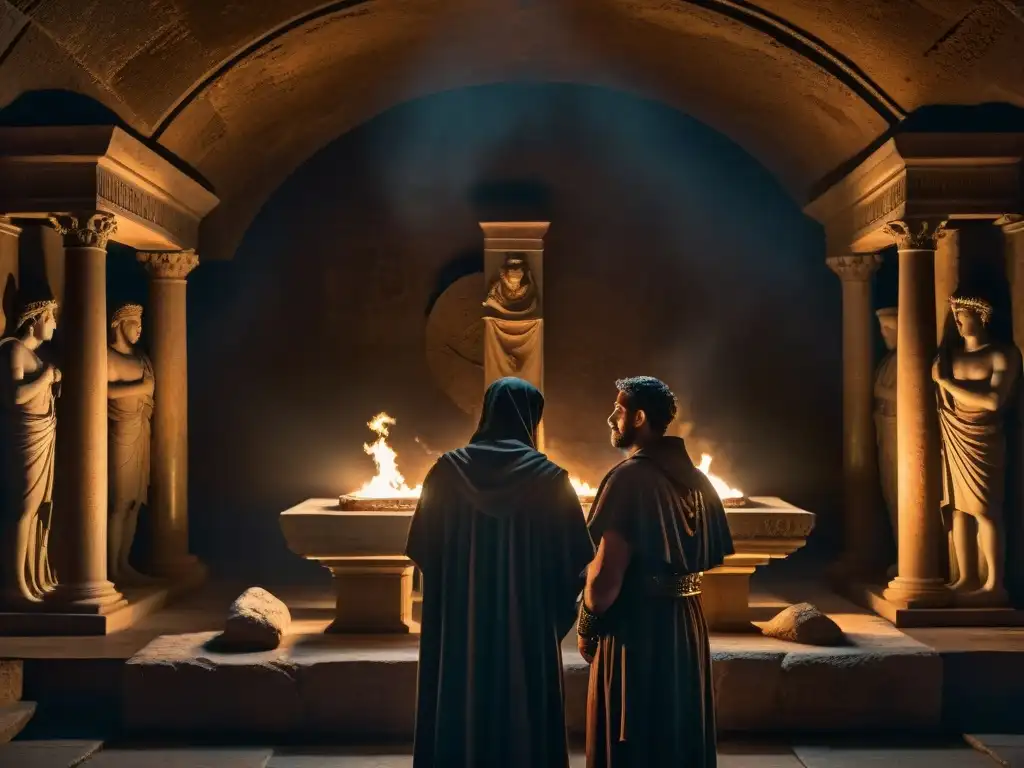 Rituales secretos en la Roma antigua: sociedad oculta de Júpiter Una misteriosa sociedad secreta de la antigua Roma en una cámara subterránea iluminada por antorchas, rodeando un altar dedicado a Júpiter