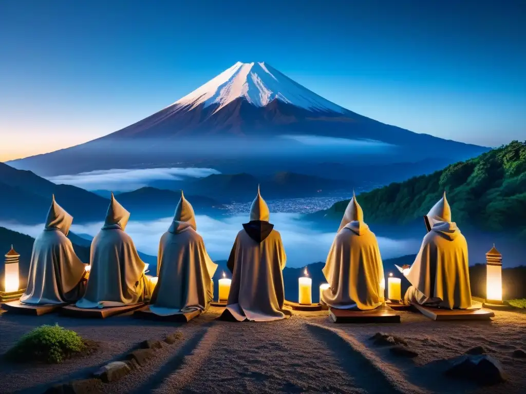 Misteriosa sociedad secreta reunida al pie del Monte Fuji, con miembros en túnicas y pergaminos antiguos bajo la luz de la luna