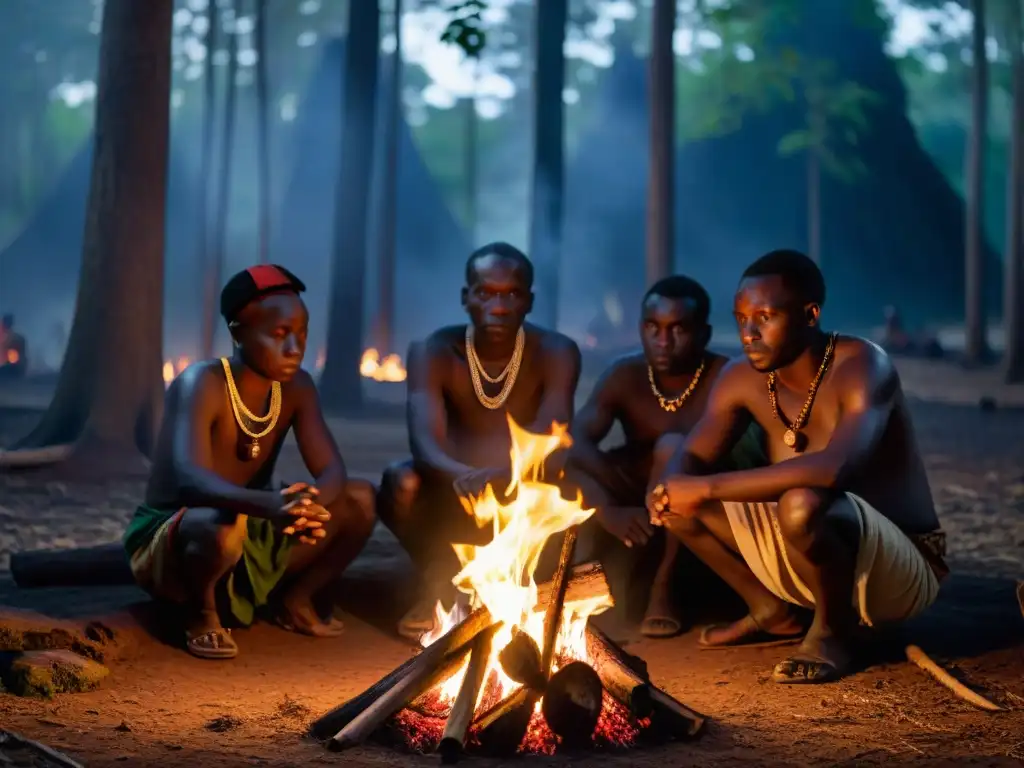 Celebración misteriosa de sociedades secretas africanas siglo XXI alrededor del fuego en la noche del bosque