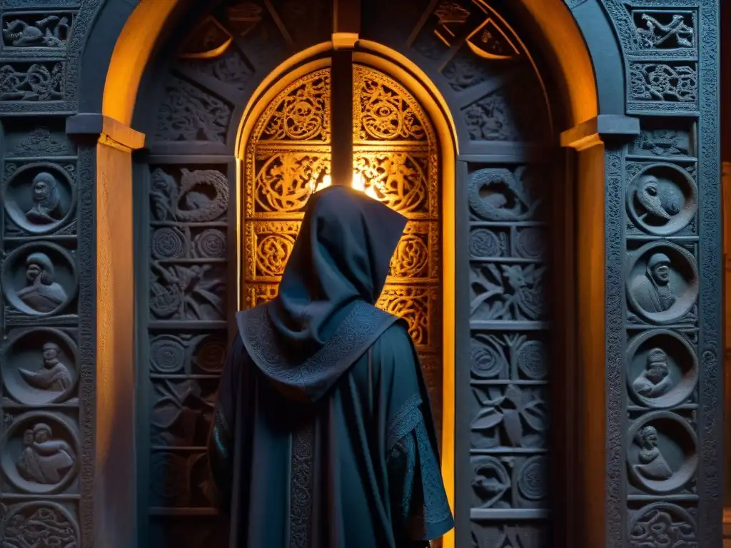 Misteriosa figura en sombras frente a antigua puerta con símbolos, evocando sociedades secretas influencia mundo moderno
