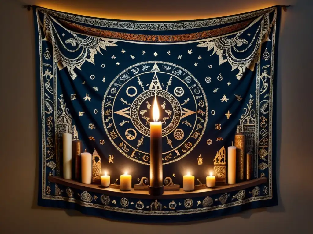 Una misteriosa tapestry con símbolos antiguos y figuras en penumbra, iluminada por una vela titilante