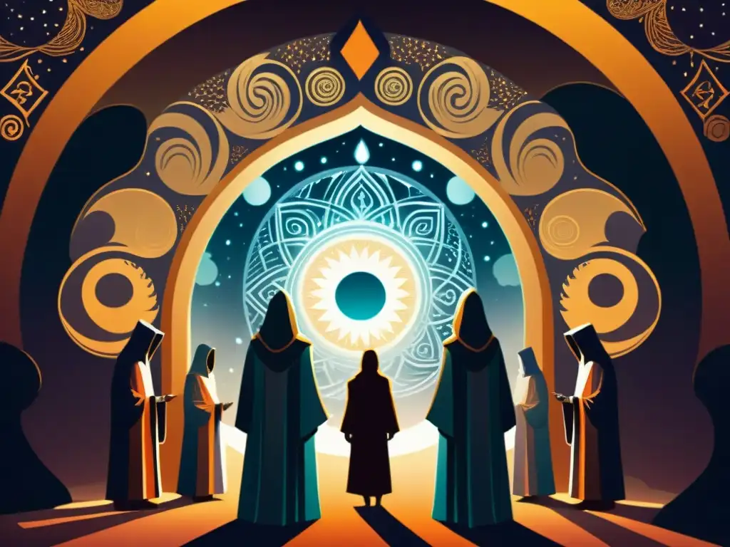 Portal astral: misterios ancestrales y seres etéreos Misteriosas figuras en el plano astral con símbolos antiguos y portal brillante