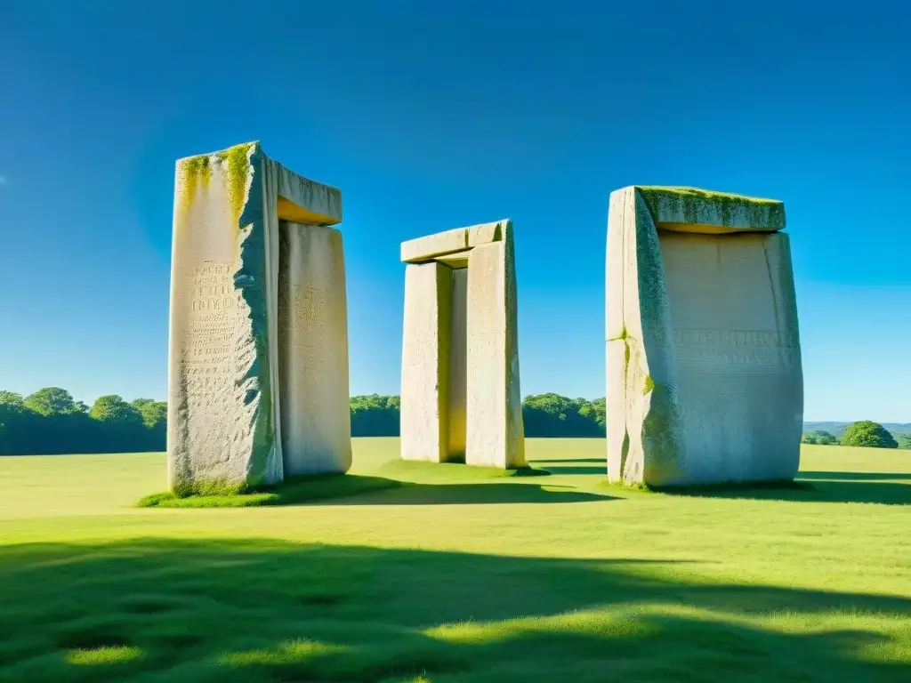 Misteriosas Guidestones en Georgia, iluminadas por el sol en un campo verde brillante