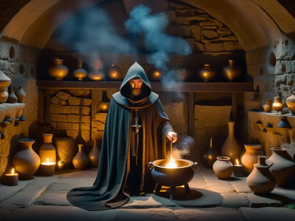 Misterioso alquimista en cámara antigua Un misterioso alquimista en una cámara llena de instrumentos antiguos bajo la luz de las velas