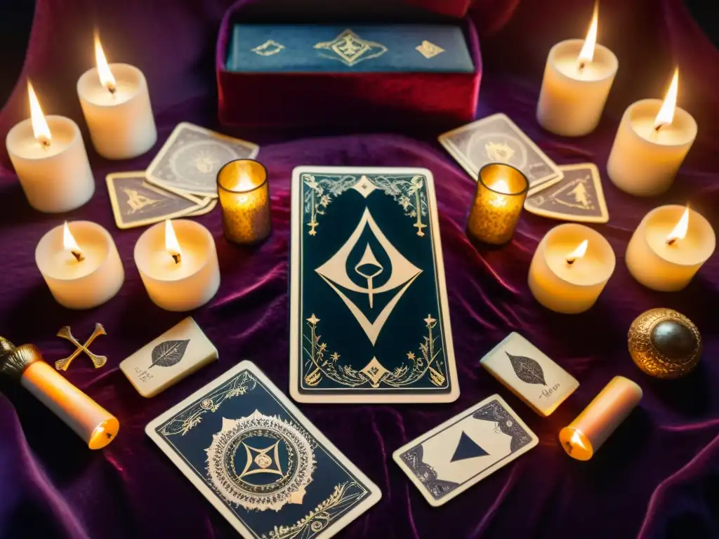 Un misterioso altar iluminado por la luna con cartas de tarot envejecidas, velas y cristales, evocando conexión con el universo y sociedades secretas