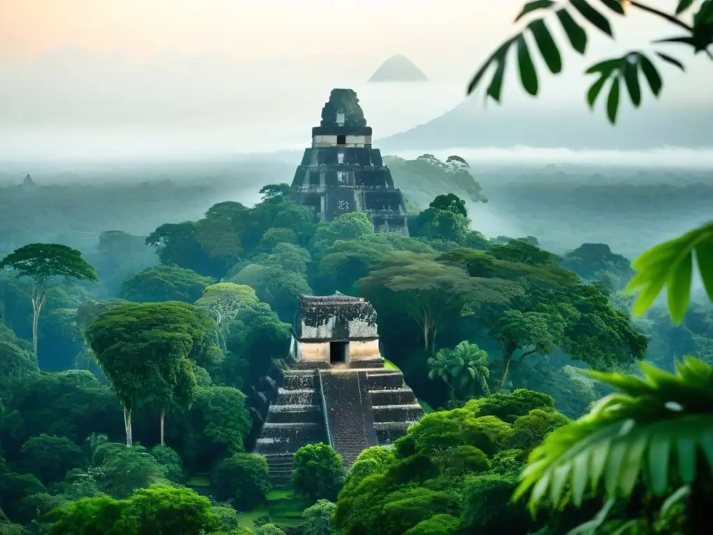 Ruinas antiguas de Tikal emergen entre la neblina al amanecer Misterioso amanecer en Tikal, ruinas antiguas de la civilización Maya