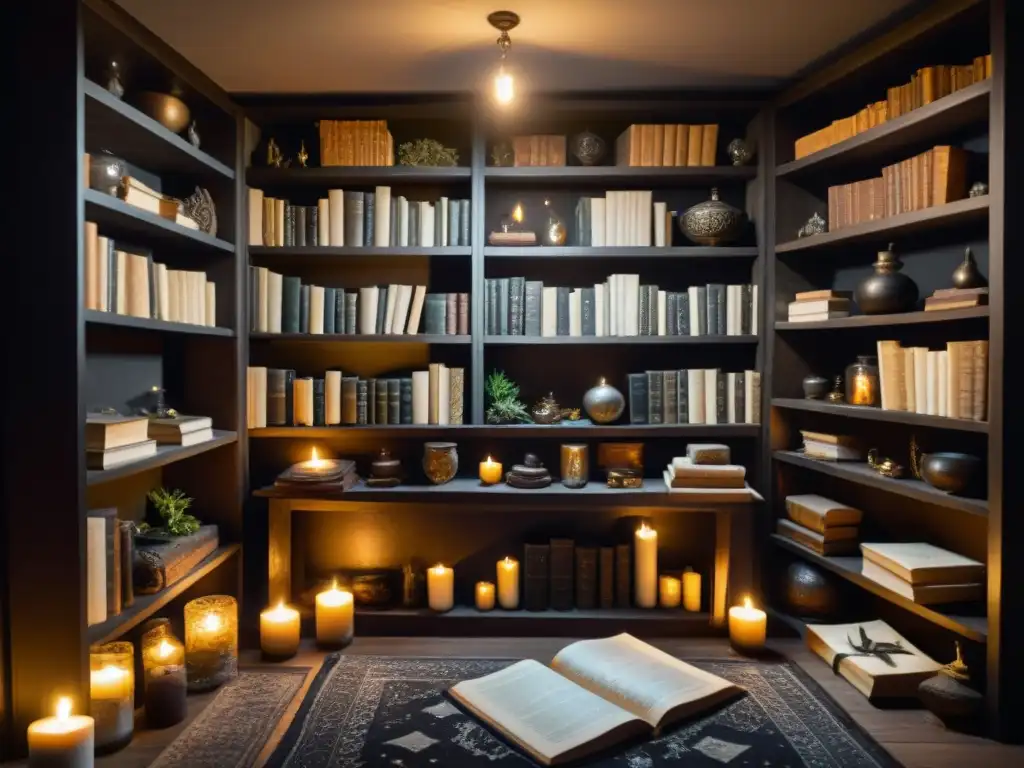 Un misterioso ambiente de magia negra y sociedades secretas con libros antiguos, velas y símbolos en una habitación lúgubre