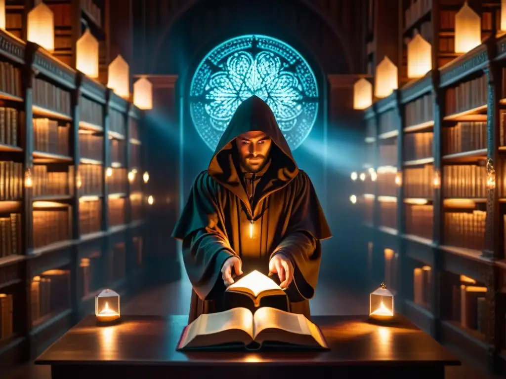 Un misterioso ser en una antigua biblioteca iluminada por velas, tocando un holograma