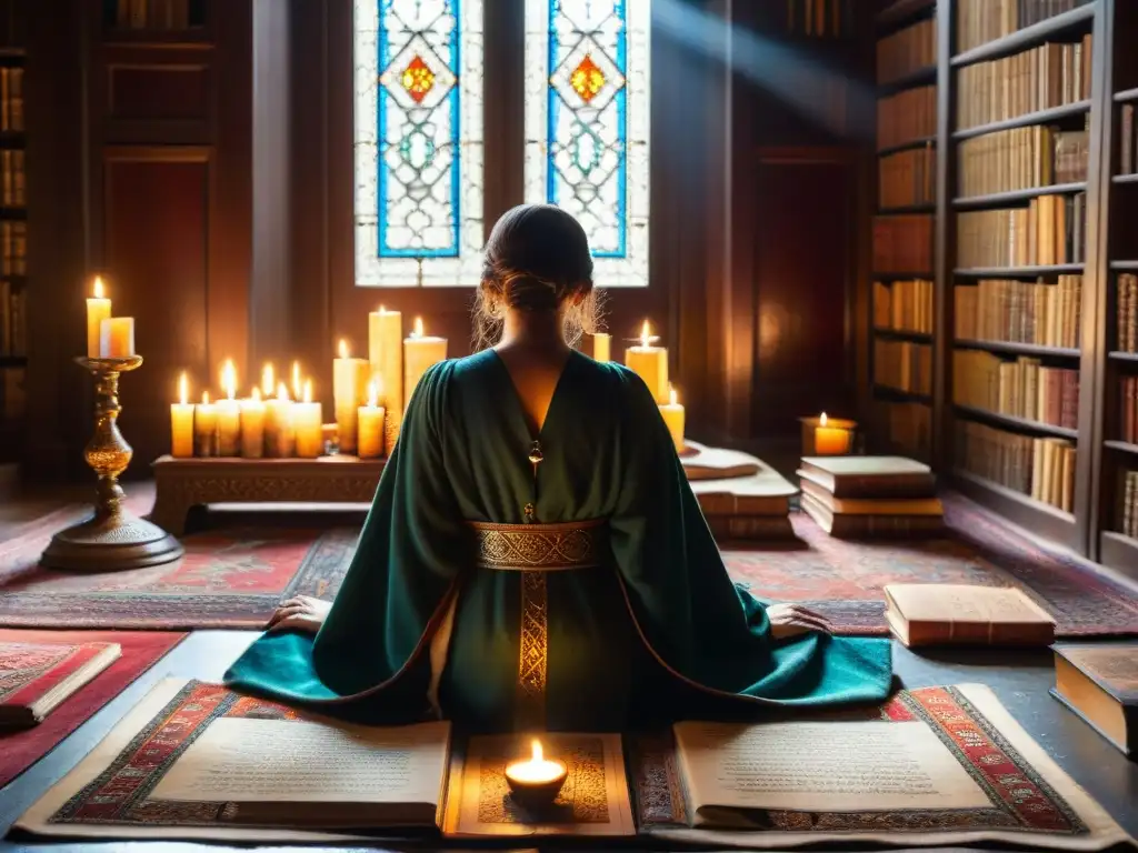 Un misterioso rincón de una antigua biblioteca, con libros polvorientos, velas y artefactos