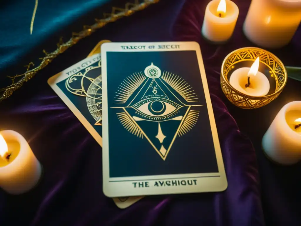 Un misterioso y antiguo despliegue de cartas del tarot en una mesa de terciopelo oscuro iluminado por velas, con símbolos de sociedades secretas