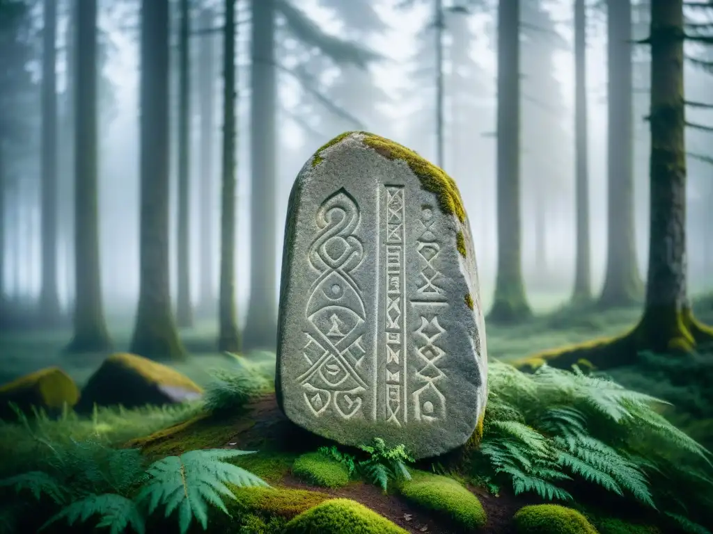 Un misterioso y antiguo menhir en un bosque nórdico brumoso, con inscripciones rúnicas