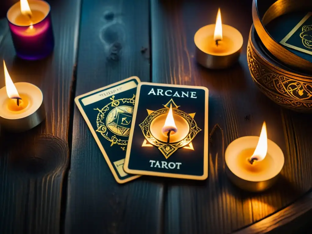 Un misterioso y antiguo ritual de tarot iluminado por una vela, evocando la influencia de sociedades secretas