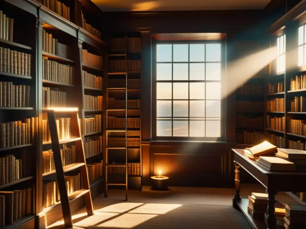 Un misterioso ascenso espiritual en una biblioteca vintage iluminada por la luz del sol