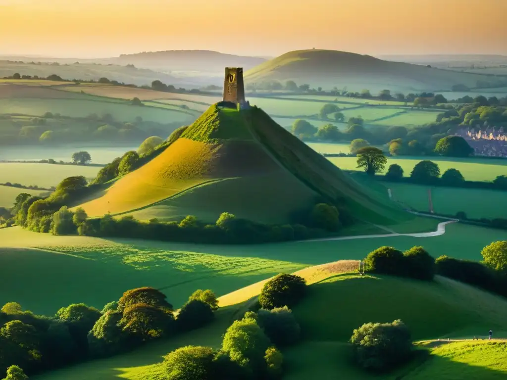 Un misterioso atardecer en Glastonbury Tor, con la Torre de San Miguel en ruinas y una figura asombrada