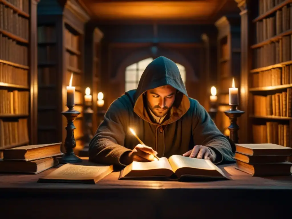 Un misterioso biblioteca antigua iluminada por velas, con símbolos en las paredes y una figura encapuchada estudiando un libro antiguo