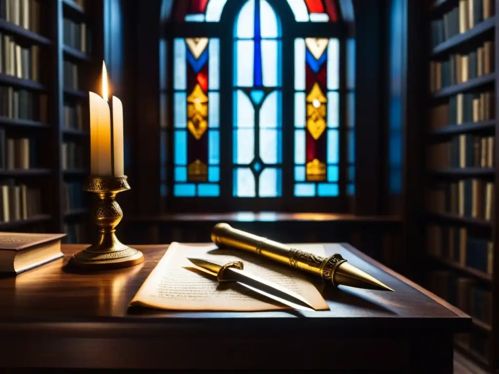 Un misterioso rincón de una biblioteca antigua iluminado tenuemente, lleno de manuscritos y artefactos místicos relacionados con la Golden Dawn