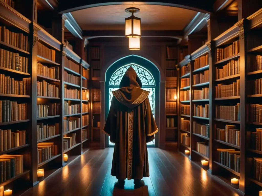 Un misterioso biblioteca rosacruz con claves ocultas en libros antiguos, iluminada por velas