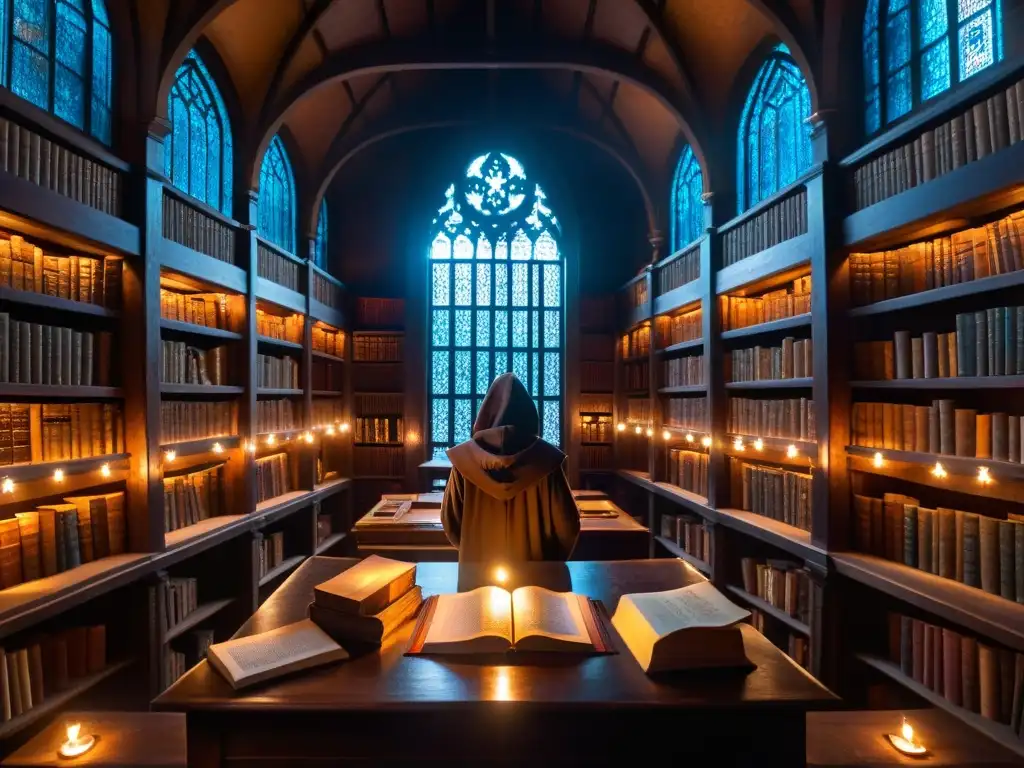 Un misterioso bibliotecario en una antigua biblioteca iluminada, rodeado de manuscritos del Mar Muerto y conocimiento esotérico