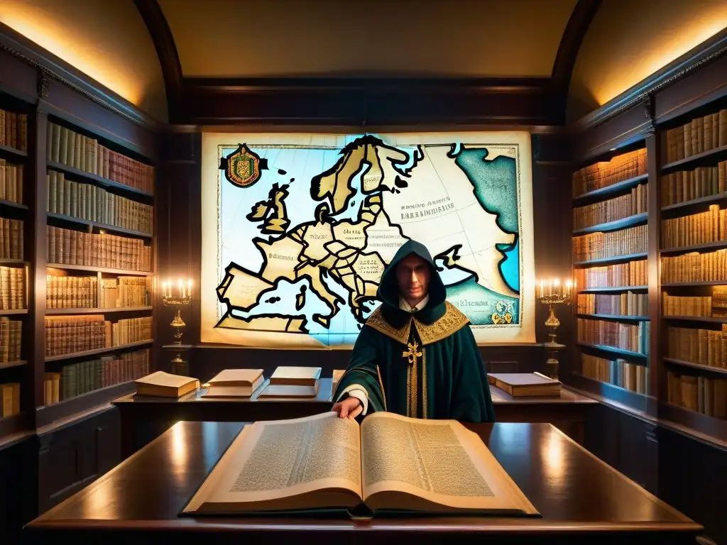 Un misterioso bibliotecario estudia un antiguo mapa de Europa del siglo XVIII con símbolos de sociedades secretas