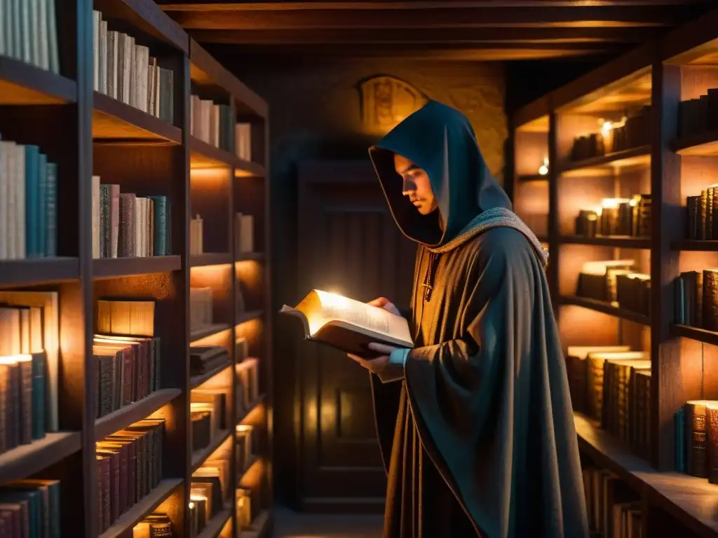 Un misterioso bibliotecario examina antiguos libros en una biblioteca subterránea iluminada por una lámpara temblorosa