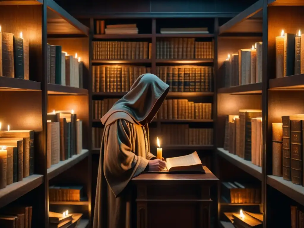 Un misterioso bibliotecario examina un manuscrito antiguo en una biblioteca iluminada por una vela temblorosa, repleta de libros polvorientos y rollos