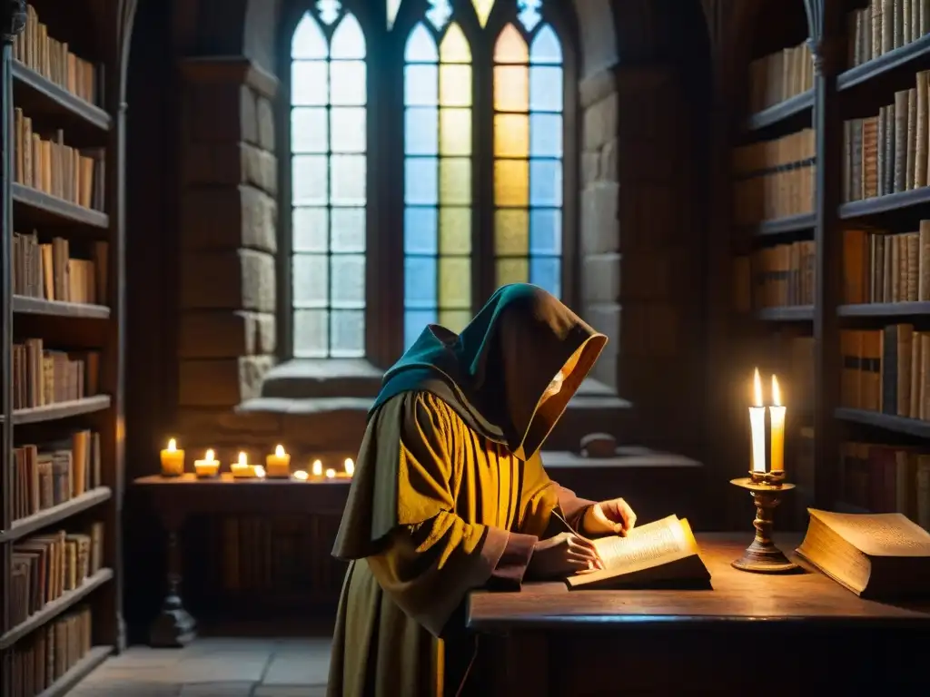 Un misterioso bibliotecario de la Orden de Malta examina secretos en una antigua biblioteca iluminada por una única vela