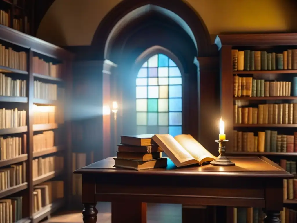 Un misterioso bibliotecario de la Sociedad de los Poetas Muertos secretos, leyendo en una biblioteca antigua iluminada por una vela