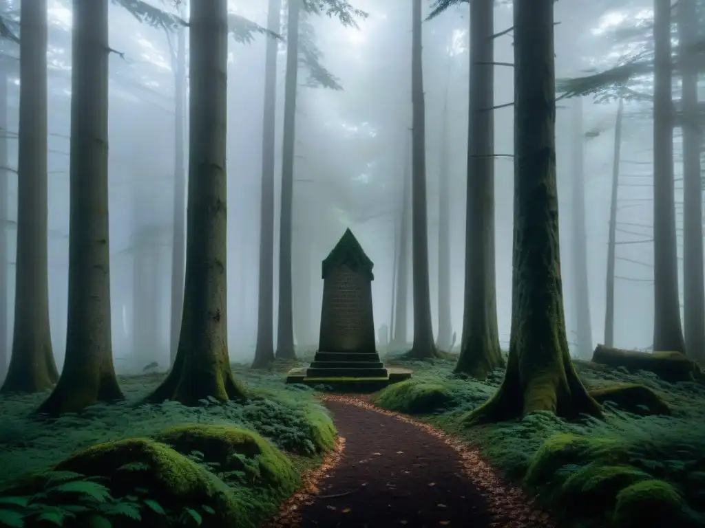 Un misterioso bosque cubierto de niebla en el Triángulo de Bennington, con un antiguo marcador de piedra y símbolos enigmáticos