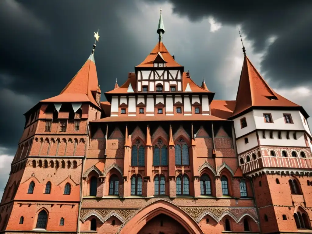 Misterioso castillo de la Orden Teutónica en Malbork, Polonia, con arquitectura gótica y cielo dramático