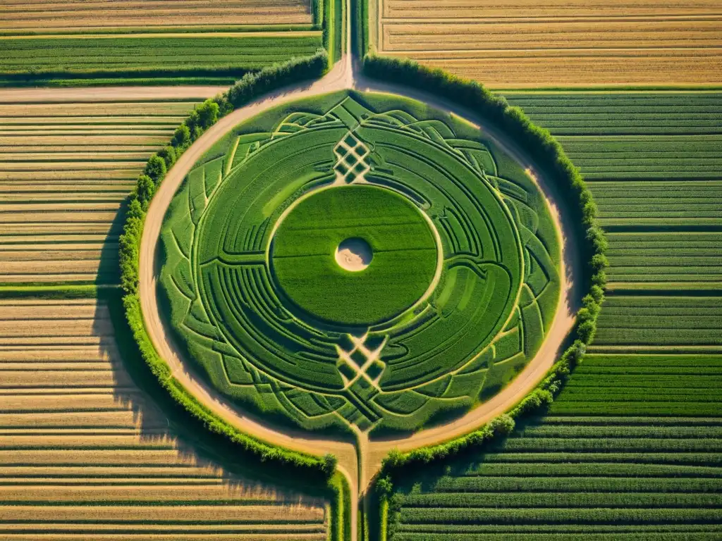 Un misterioso crop circle en un campo de trigo con diseños geométricos precisos